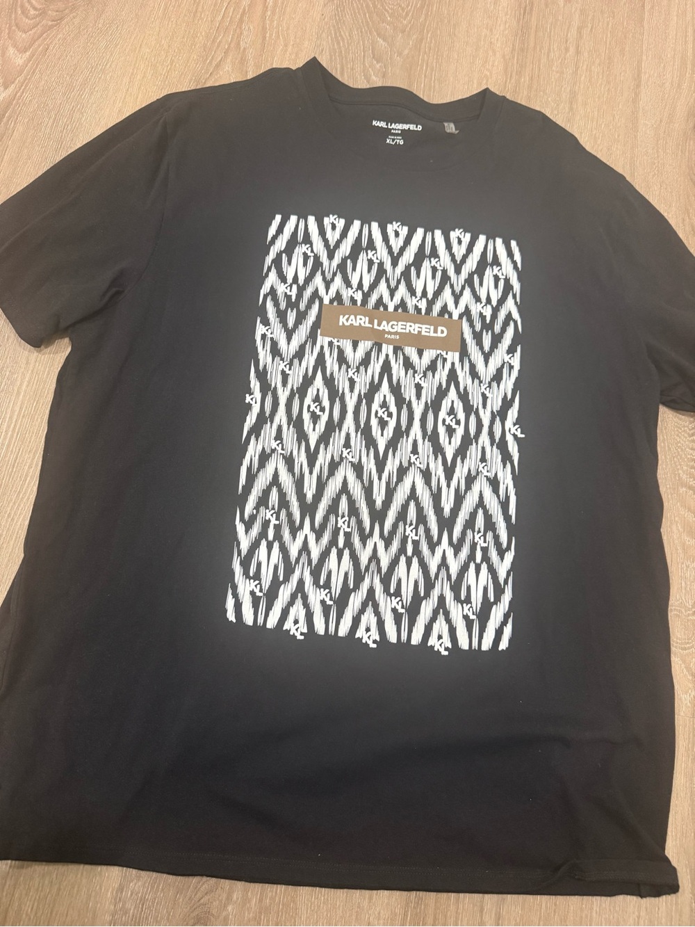 Karl Lagerfeld Black Tee with White Geometric Print and Brown Logo Patch